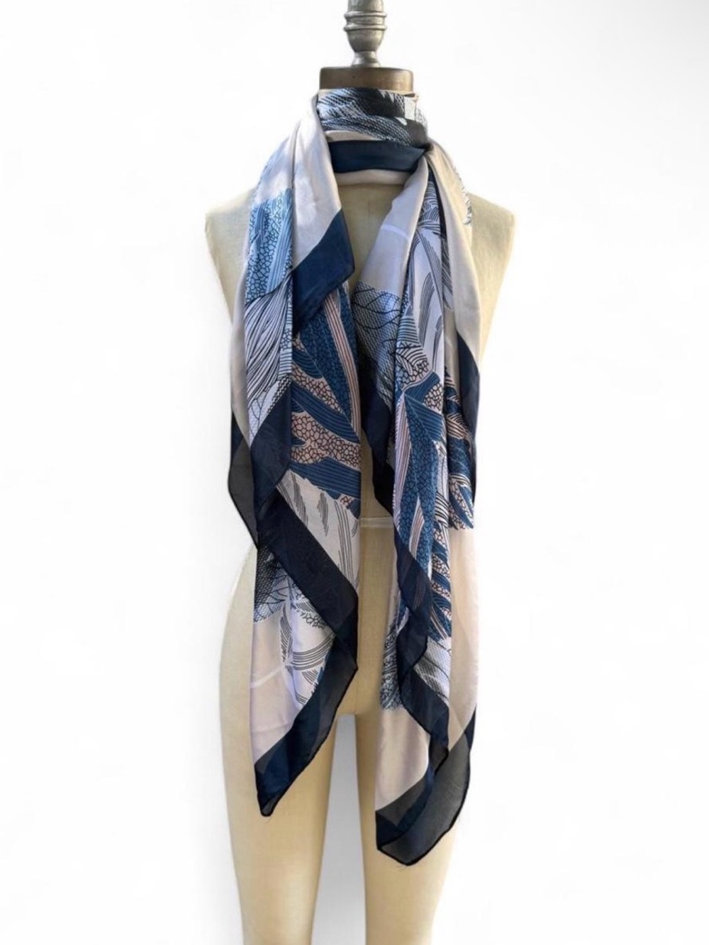 Silk blend large scarf/shawl/wrap with feather pattern in blue gray & white